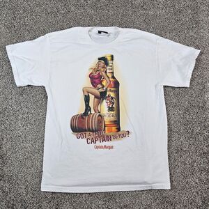Captain Morgan Shirt Mens Large White Pirate Girl Pinup Rum Barrel Y2K Official